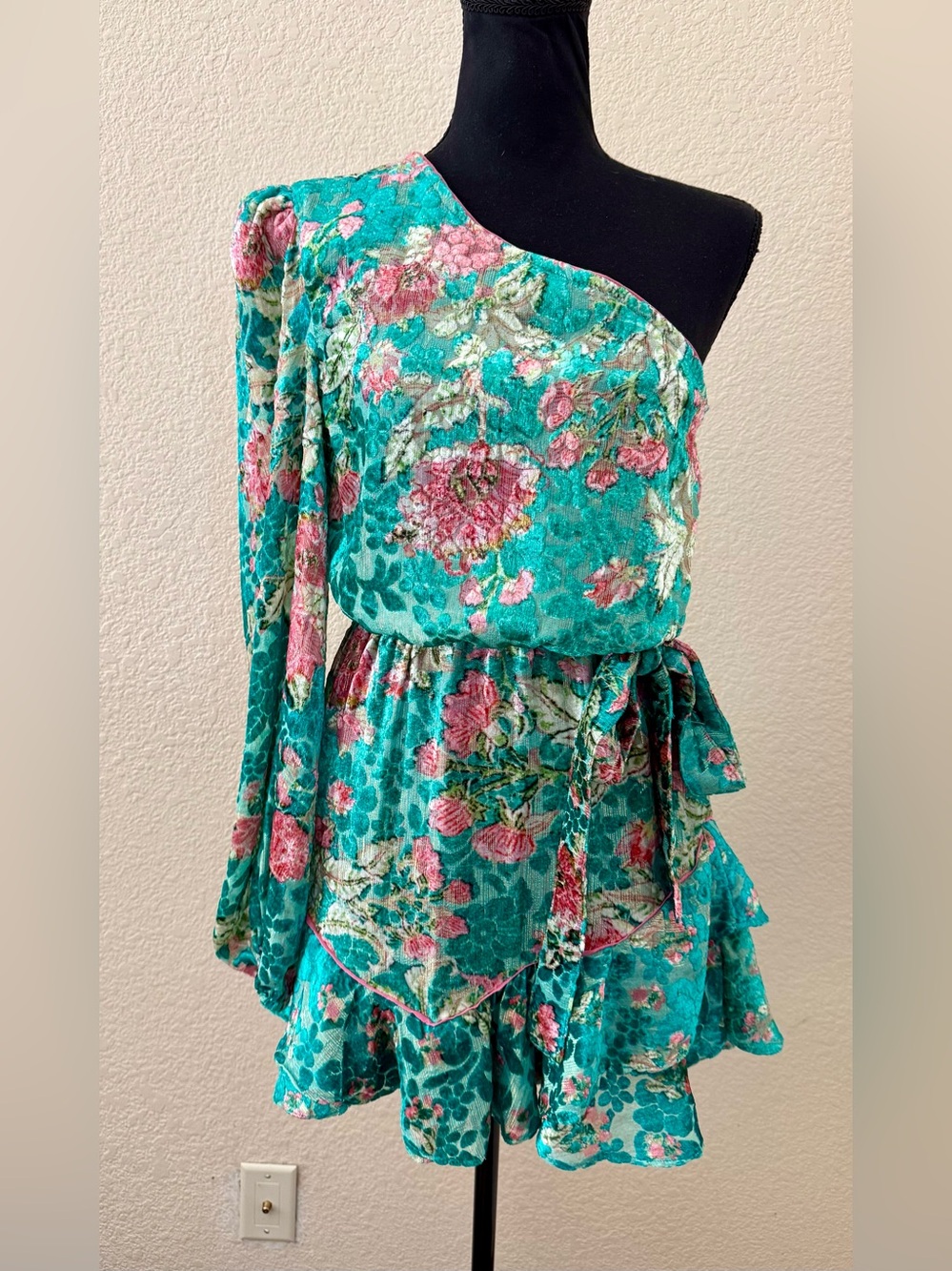 NWT Hermant & Nandita Velvet Teal Floral Metallic One Shoulder Mini Dress Med